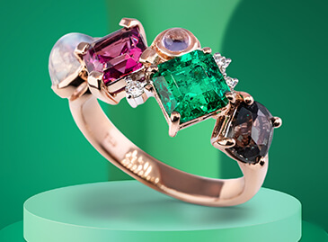 Emerald, Alexandrite, Moonstone and Garnet Family Ring
